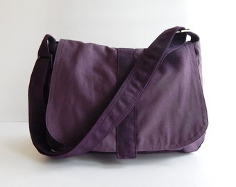 Plum Canvas Messenger bag, Handbag, School Bag, Diaper Bag, Tote, Crossbody, Laptop, Purse, Women - ERIN