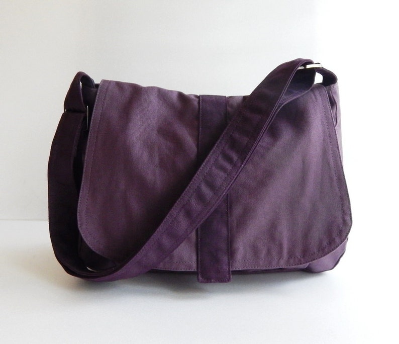 Plum Canvas Messenger bag, Crossbody bag, Laptop bag, women everyday bag, light weight custom made bag, canvas purse with flap ERIN image 1