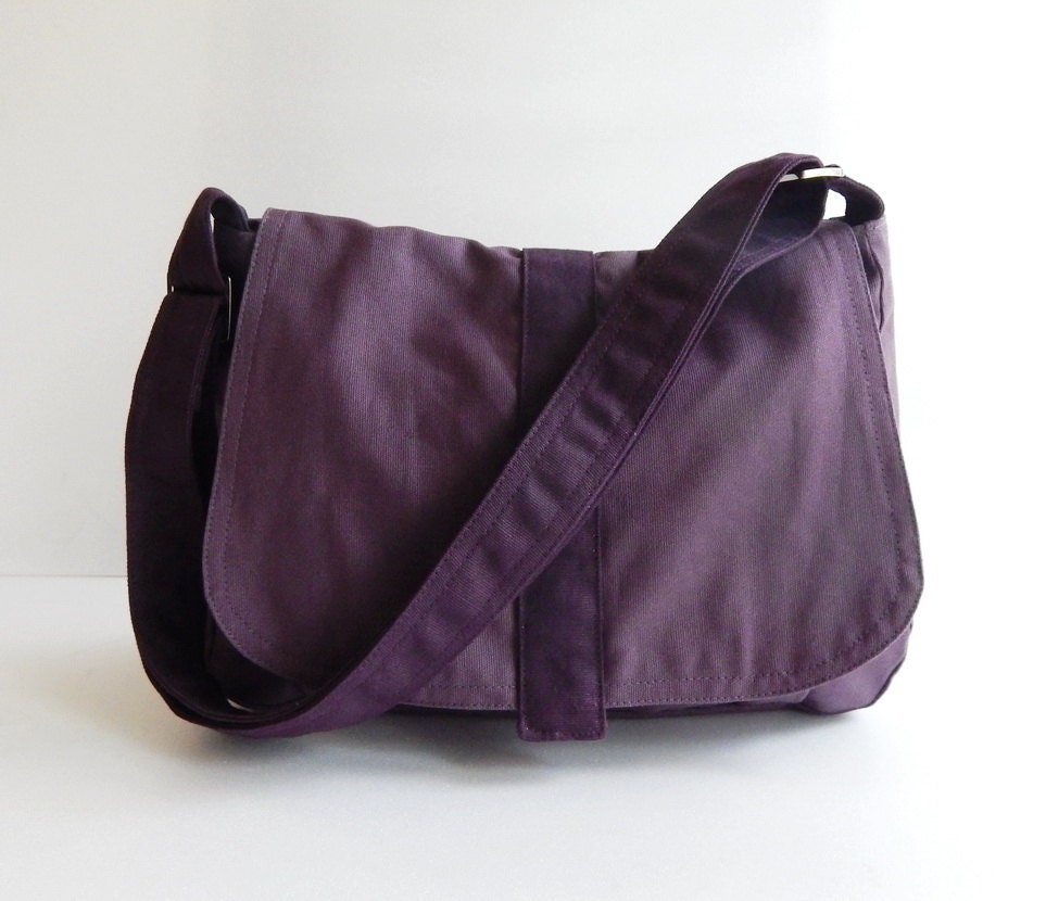 Deep Purple Light Weight Canvas Bag, Women Messenger Bag, Everyday Bag, Gift for Her, Bag with Bow, Crossbody Bag, Unique Style - Dessert