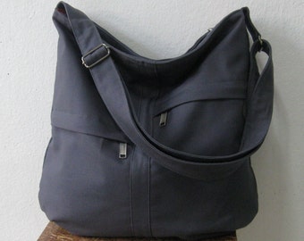 Bolso de sarga de algodón gris con cierre de cremallera - 2 bolsillos delanteros con correa ajustable, bolso de hombro, bolso cruzado unisex, bolso de viaje, bolso diario