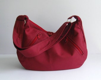 Maroon Canvas Umhängetasche, Crossbody Hobo Tasche, Tasche für die Arbeit, Schultasche, Tasche mit Reißverschluss - Sandra