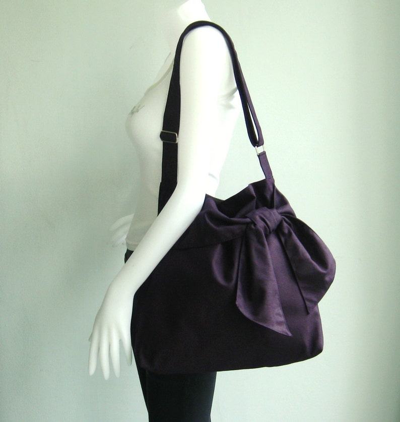 Deep Purple Cross body Canvas Bag, bag with pockets, women shoulder bag, everyday bag with bow, messenger bag, travel bag, stylish NINNY image 2