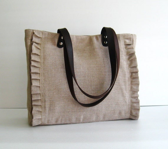 Natural Color Linen Tote, shoulder bag, ruffles, carry on bag, everyday bag, laptop bag  - Sweety