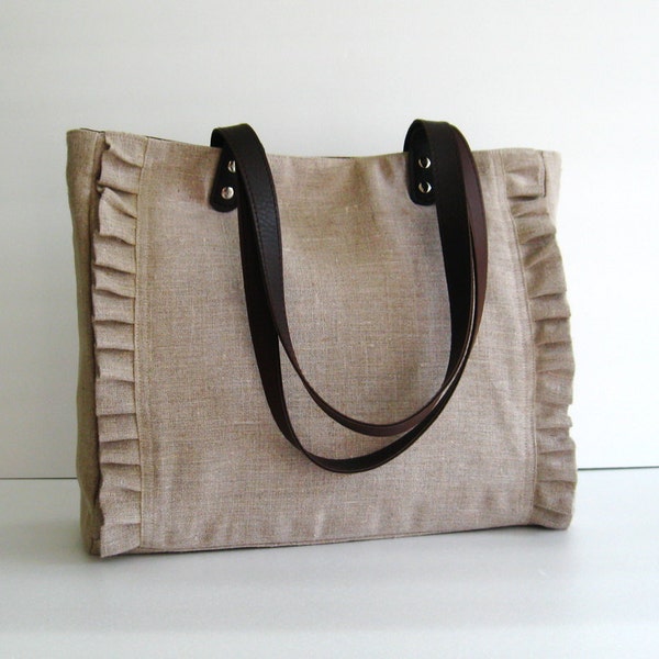 Natuurlijke kleur linnen Tote, schoudertas, ruches, handbagage, alledaagse tas, laptoptas - Sweety