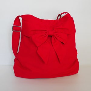 Red Canvas messenger bag, gift for her, everyday bag with bow, cross body bag, travel bag, unique diaper bag - JESSICA