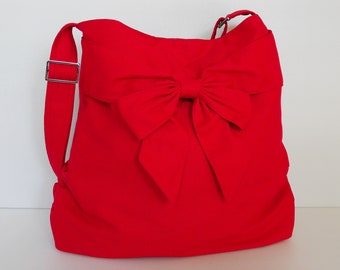 Red Canvas messenger bag, gift for her, everyday bag with bow, cross body bag, travel bag, unique diaper bag - JESSICA