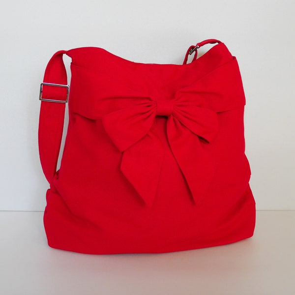 Bolso bandolera de lona roja, regalo para ella, bolso diario con lazo, bandolera, bolso de viaje, bolsa de pañales única - JESSICA