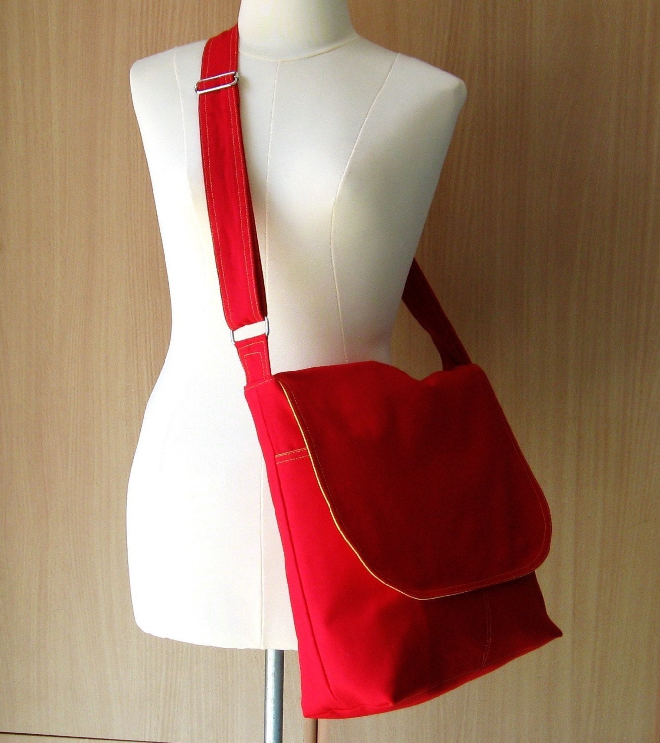 Sale Red Cotton Twill Messenger Bag tote shoulder bag Etsy
