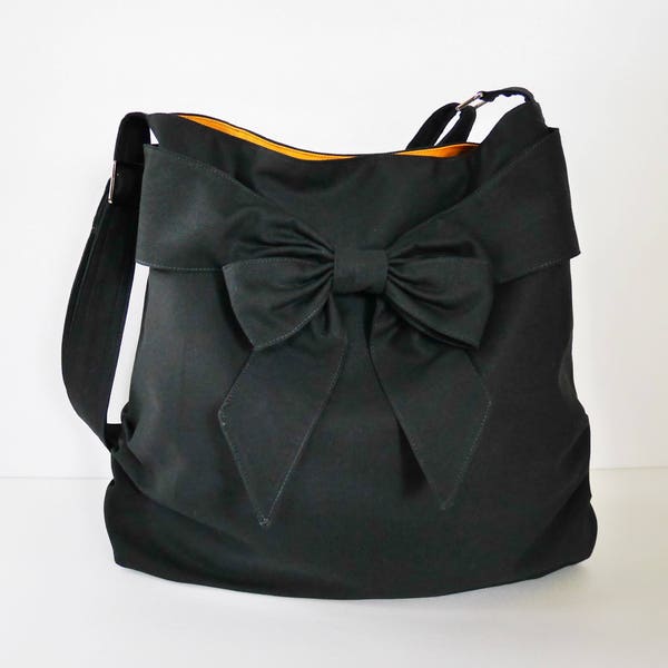 Sac Messenger en toile noire, sac à main avec noeud, sac à bandoulière, sac à bandoulière, sac de tous les jours unique pour femme, cadeau pour elle, fait sur mesure - JESSICA