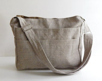 Natural Color Linen messenger bag, crossbody bag, everyday bag, zipper closure bag, gift for her, shoulder bag, made to order bag - MELANIE