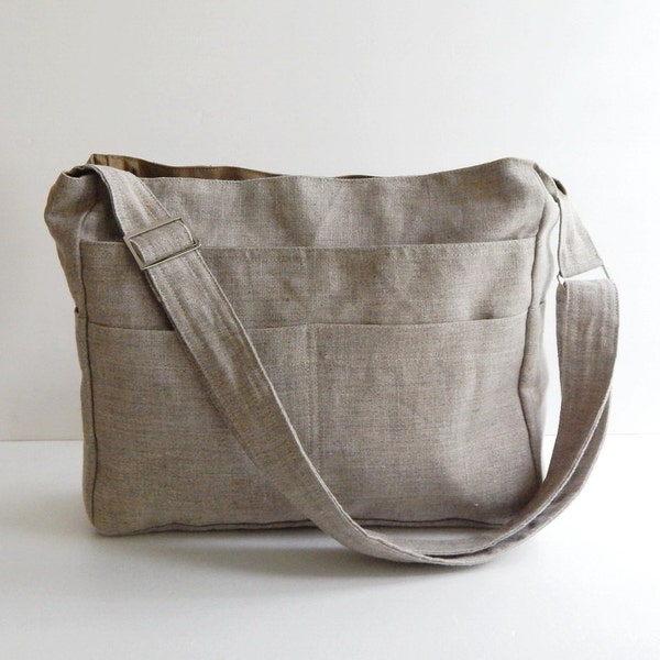 Natural Color Linen messenger bag, crossbody bag, everyday bag, zipper closure bag, gift for her, shoulder bag, made to order bag - MELANIE