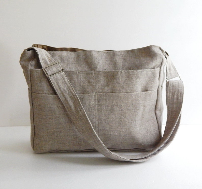 Natural Color Linen messenger bag, crossbody bag, everyday bag, zipper closure bag, gift for her, shoulder bag, made to order bag MELANIE image 1