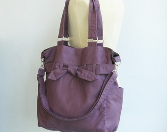 Plum Canvas Purse, tote, shoulder bag, diaper bag, crossbody bag, messenger bag, bag with bow, travel bag, zipper closure, novelty - Abby