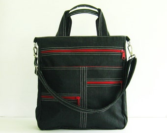 Black Water-Resistant Nylon Messenger Bag, Custom-made Crossbody Diaper Bag - MELISSA