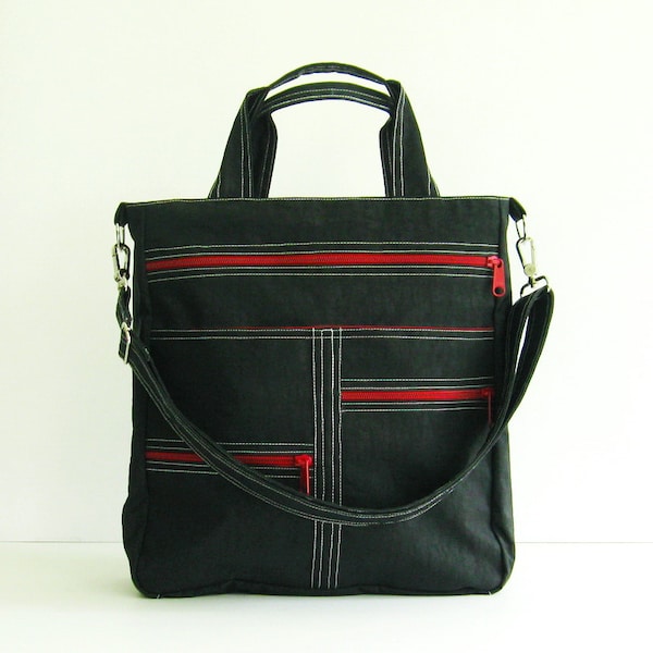 Black Water-Resistant Nylon Messenger Bag, Custom-made Crossbody Diaper Bag - MELISSA