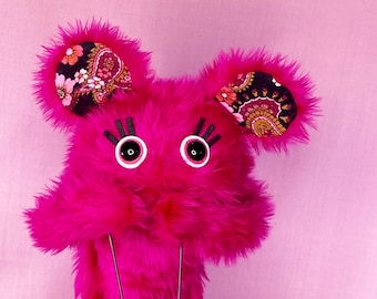 SUSAN - Hand Puppet Pink Fur and Vintage Fabric