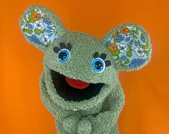 MARGY - Hand Puppet Green Fur and Floral Vintage Fabric Ears