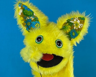 DOROTHY - Hand Puppet Yellow Fur and Floral Vintage Retro Fabric Ears