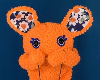 JENNY - Hand Puppet Bright Orange Fleece and Floral Blue Vintage Fabric