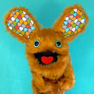 WALLY Hand Puppet brown Fur and Colourful Retro Pattern Fabric Ears image 1