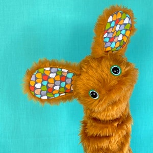 WALLY Hand Puppet brown Fur and Colourful Retro Pattern Fabric Ears image 2