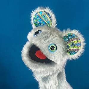 PATRICE - Hand Puppet Grey Fur and Green Blue Vintage Fabric Ears
