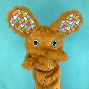 WALLY Hand Puppet brown Fur and Colourful Retro Pattern Fabric Ears image 4