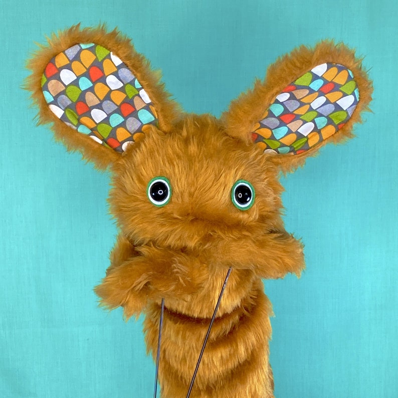 WALLY Hand Puppet brown Fur and Colourful Retro Pattern Fabric Ears image 4