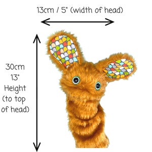 WALLY Hand Puppet brown Fur and Colourful Retro Pattern Fabric Ears image 8