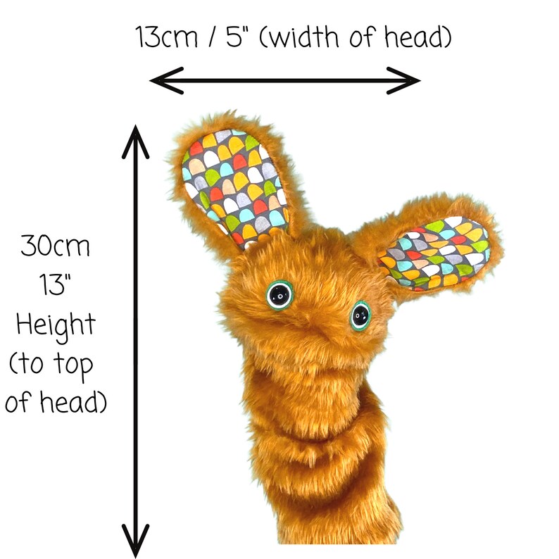 WALLY Hand Puppet brown Fur and Colourful Retro Pattern Fabric Ears image 8