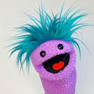 PUPPLET PURPLE - Teal Hair Hand Sock Puppet Fleece and Fur Sockpuppet