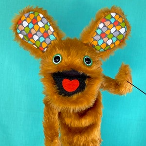 WALLY Hand Puppet brown Fur and Colourful Retro Pattern Fabric Ears image 5