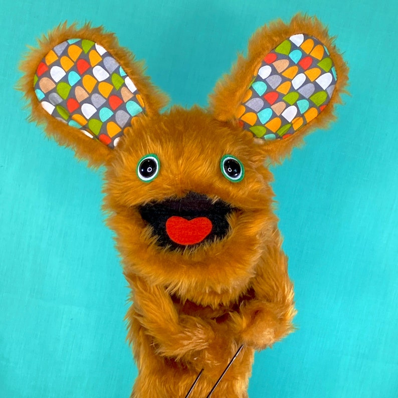 WALLY Hand Puppet brown Fur and Colourful Retro Pattern Fabric Ears image 1