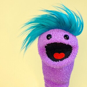 PUPPLET PURPLE - Teal Hair Hand Sock Puppet Fleece and Fur Sockpuppet