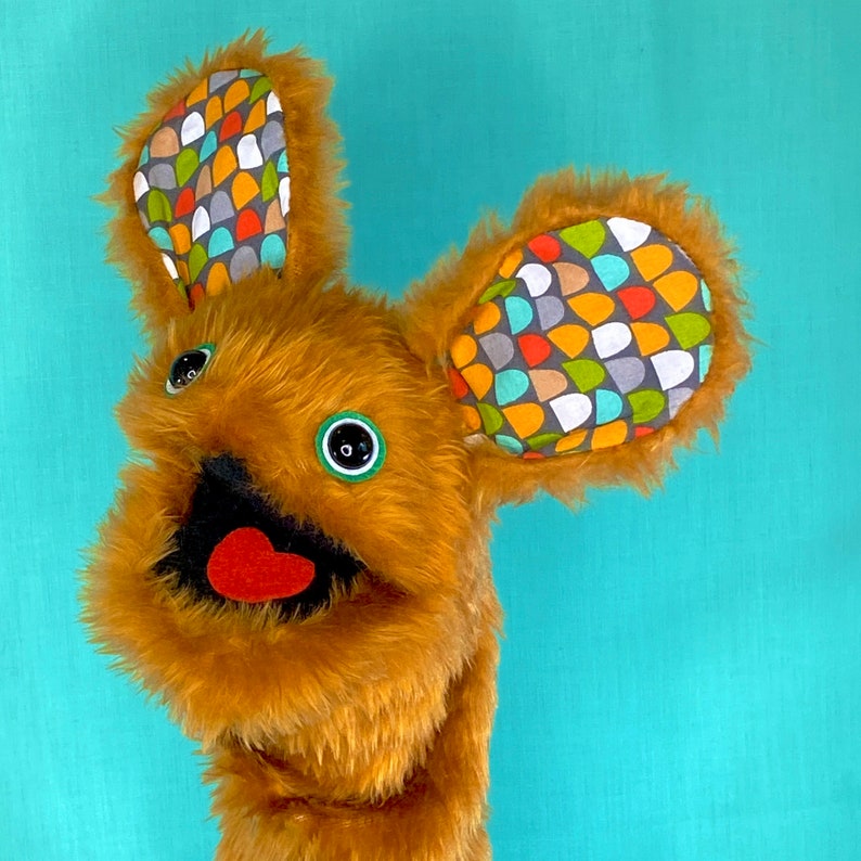 WALLY Hand Puppet brown Fur and Colourful Retro Pattern Fabric Ears image 3