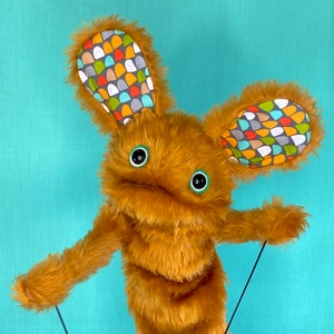 WALLY Hand Puppet brown Fur and Colourful Retro Pattern Fabric Ears image 6