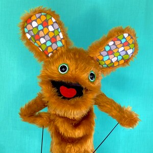 WALLY Hand Puppet brown Fur and Colourful Retro Pattern Fabric Ears image 7