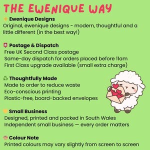 May include: A green background with the text "THE EWENIQUE WAY" in pink. The image includes text about Ewenique Designs, postage, and being a small business. A cartoon sheep holding a heart-filled envelope is also featured.