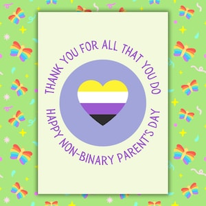 Peut inclure: Une carte de vœux avec un cœur non binaire. Le cœur est jaune, blanc, violet et noir, à l'intérieur d'un cercle violet. La carte dit "THANK YOU FOR ALL THAT YOU DO HAPPY NON-BINARY PARENT'S DAY". Le fond est vert avec des papillons.