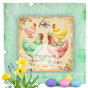 Cartolina di Pasqua vintage / Arte murale stampabile / Cartolina retrò con gallina e uovo / Clip art shabby chic / Decorazione fai da te primaverile in stile fattoria / Download digitale