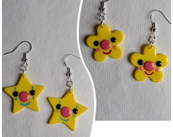 Star and Flower Clowns | Handmade Polymer Clay Dangle and Drop Earrings