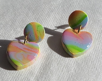 Rainbow Hearts and Circles | Handmade Polymer Clay Hanging Stud Earrings