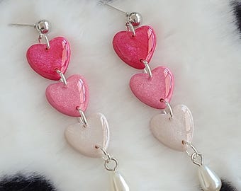 Ombred Valentine Hearts with Pearls | Handmade Polymer Clay Dangle and Drop Earrings