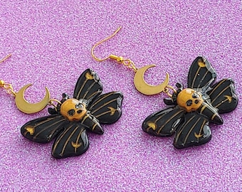 Black and Gold Moths | Handmade Polymer Clay Dangle and Drop Earrings