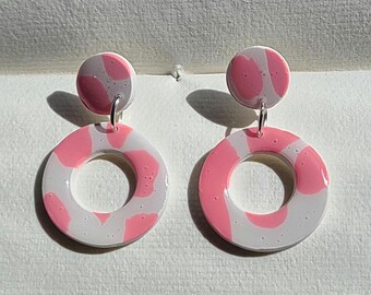 Pink Cow Print Circles | Handmade Polymer Clay Hanging Stud Earrings