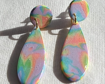 Rainbow Tie-Dye Teardrops | Handmade Polymer Clay Hanging Stud Earrings