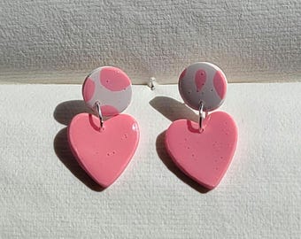 Pink Cow Print Circles and Hearts | Handmade Polymer Clay Hanging Stud Earrings