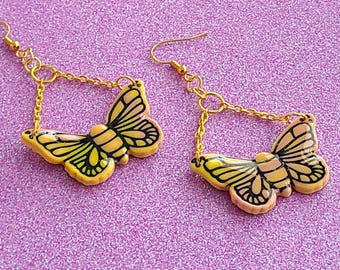 Yellow and Pink Butterlies | Handmade Polymer Clay Dangle and Drop Earrings