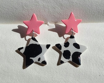Black Cow Print and Pink Stars | Handmade Polymer Clay Hanging Stud Earrings