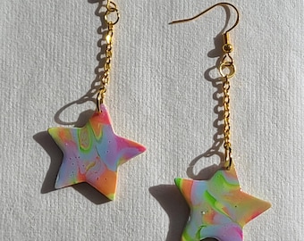 Hanging Holographic Stars | Handmade Polymer Clay Dangle and Drop Earrings